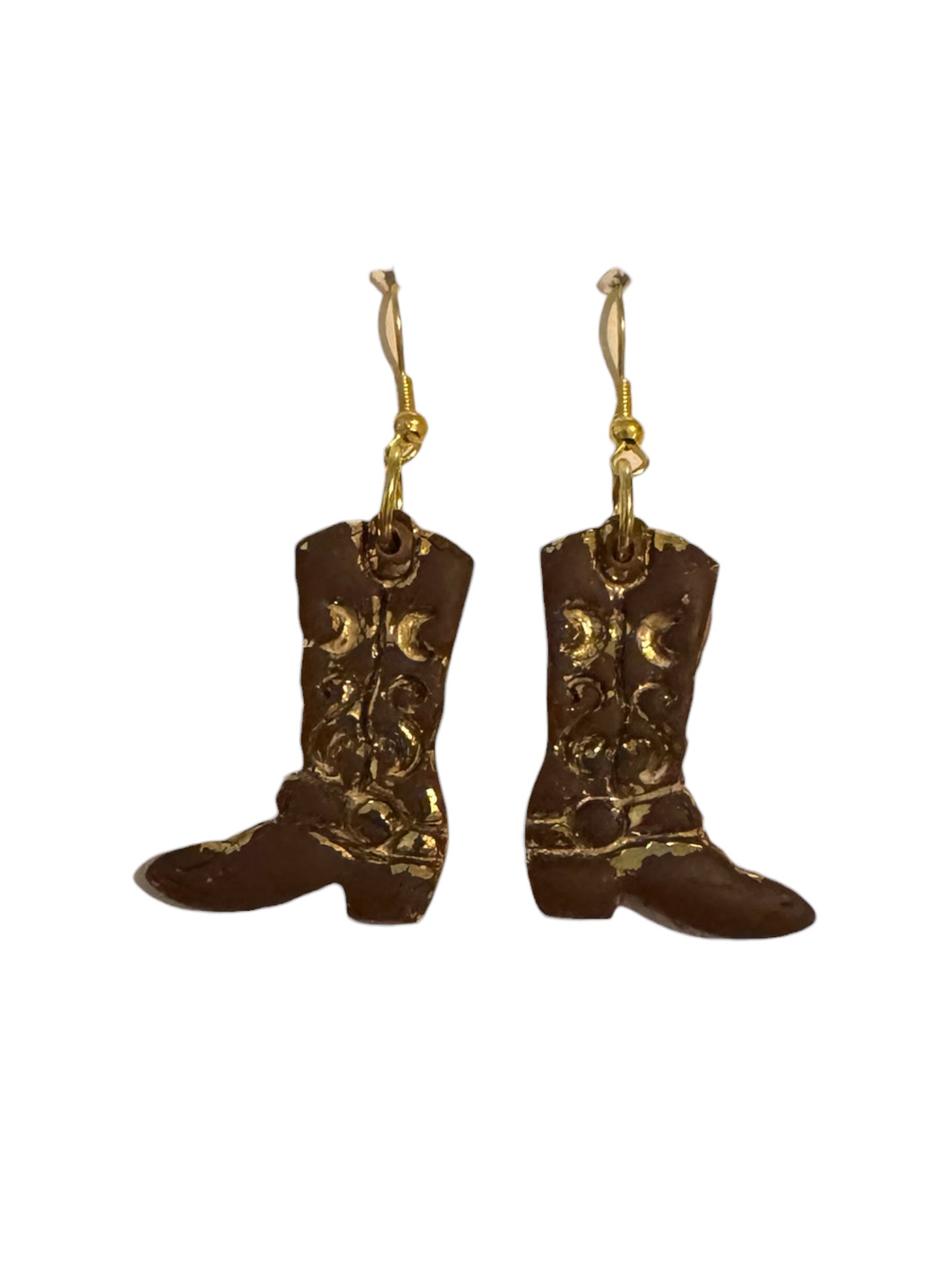 Vintage Cowgirl Boot Dangle Earrings - Brown/Gold