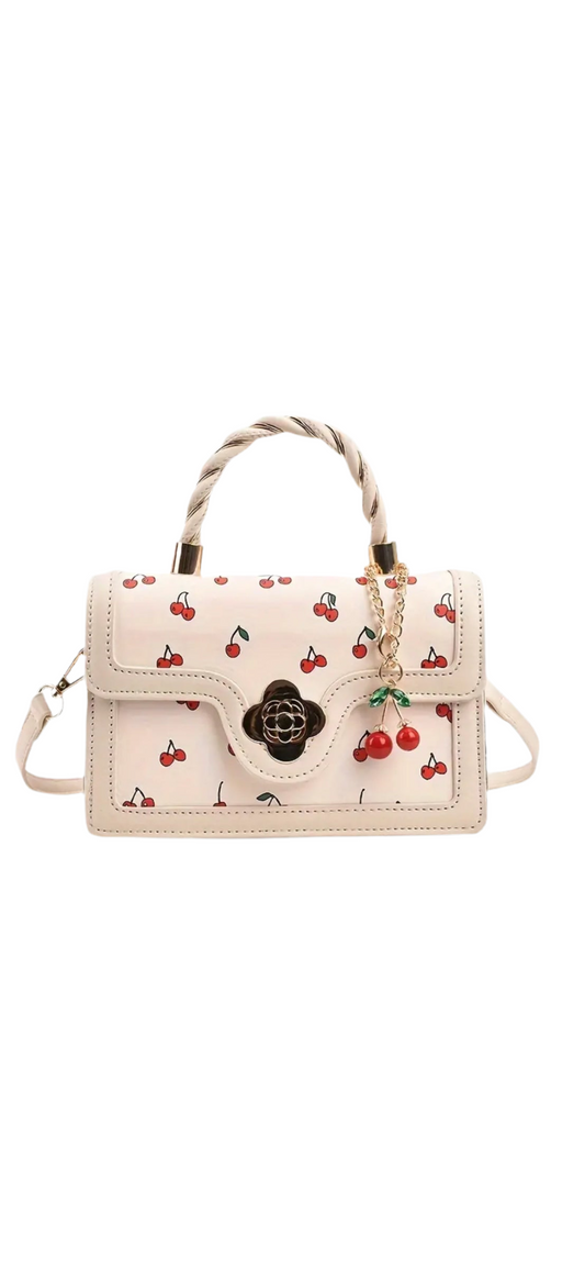 Cherry Print Turn Lock Handbag - White