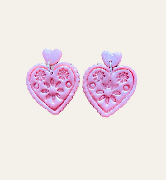 Embossed Heart Dangle Earrings - Pink