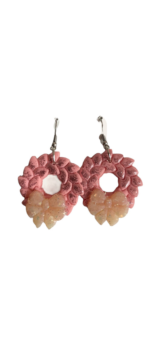 Pink Sparkle Christmas Wreath Dangle Earrings