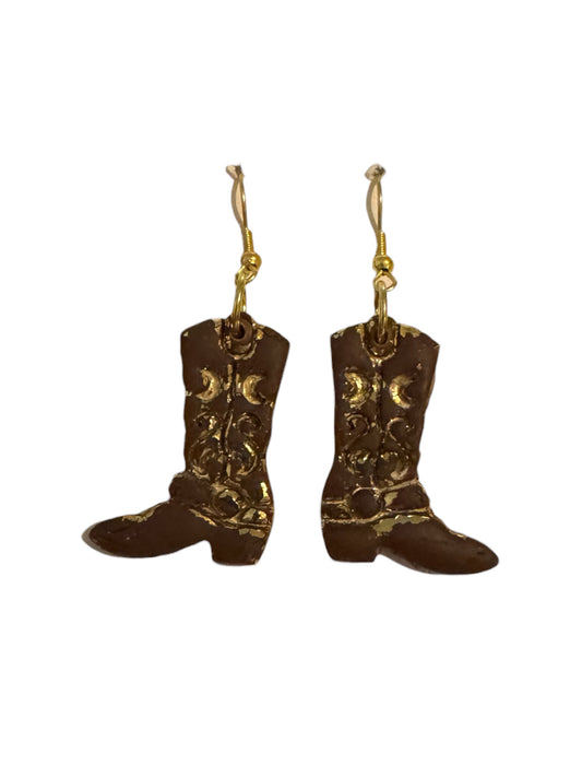 Vintage Cowgirl Boot Dangle Earrings - Brown/Gold