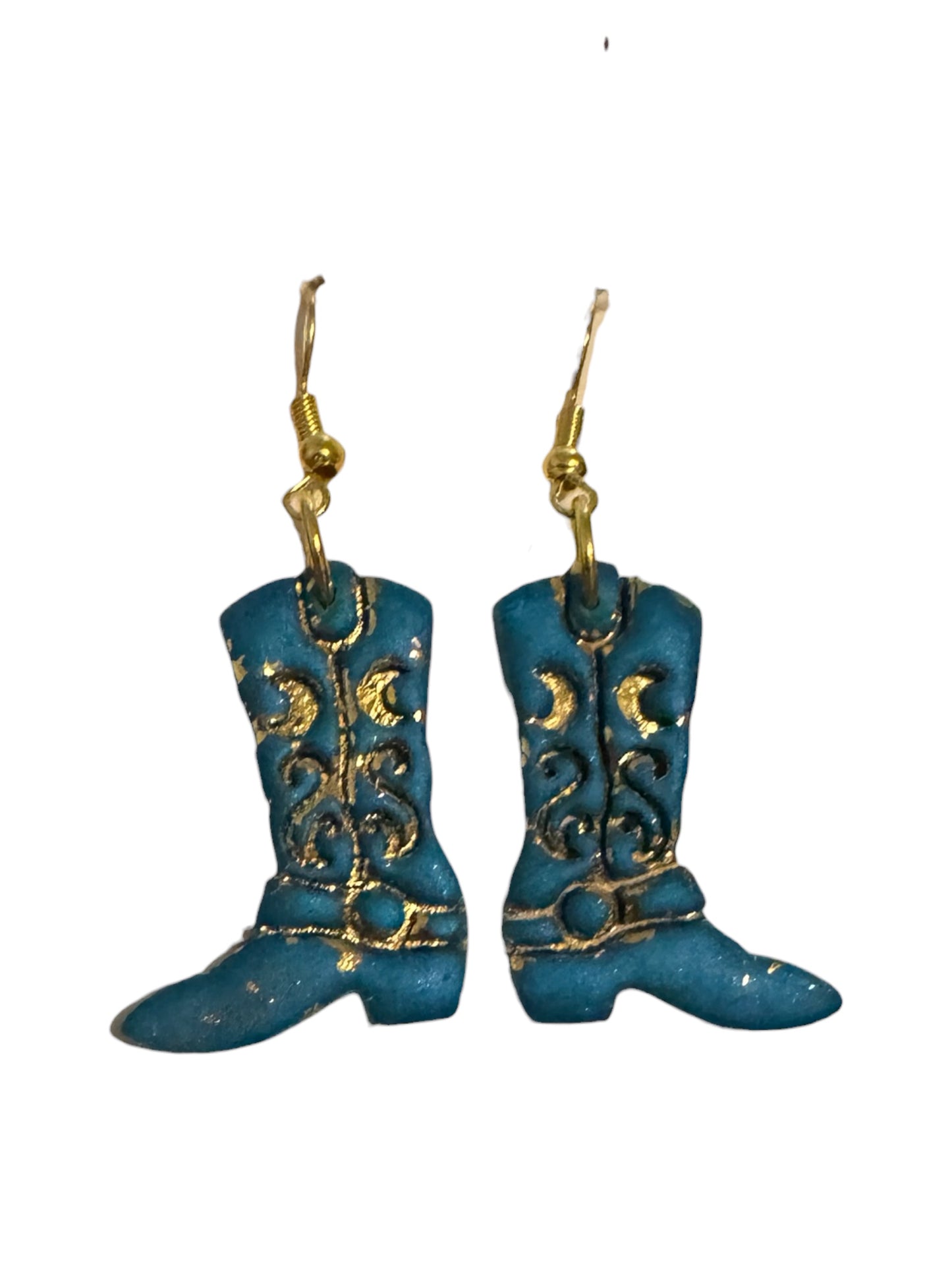 Vintage Cowgirl Boot Dangle Earrings - Teal/Gold