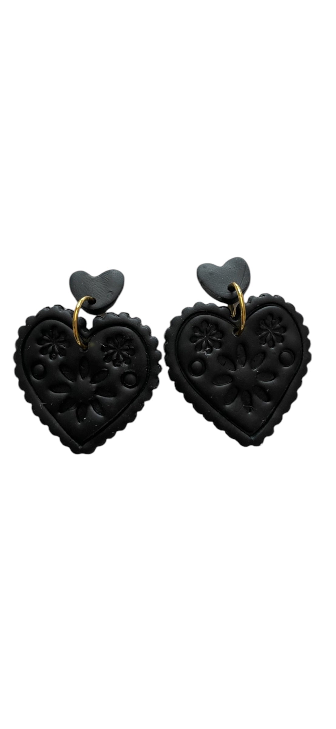 Embossed Heart Dangle Earrings - Black