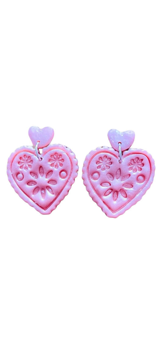 Embossed Heart Dangle Earrings - Pink